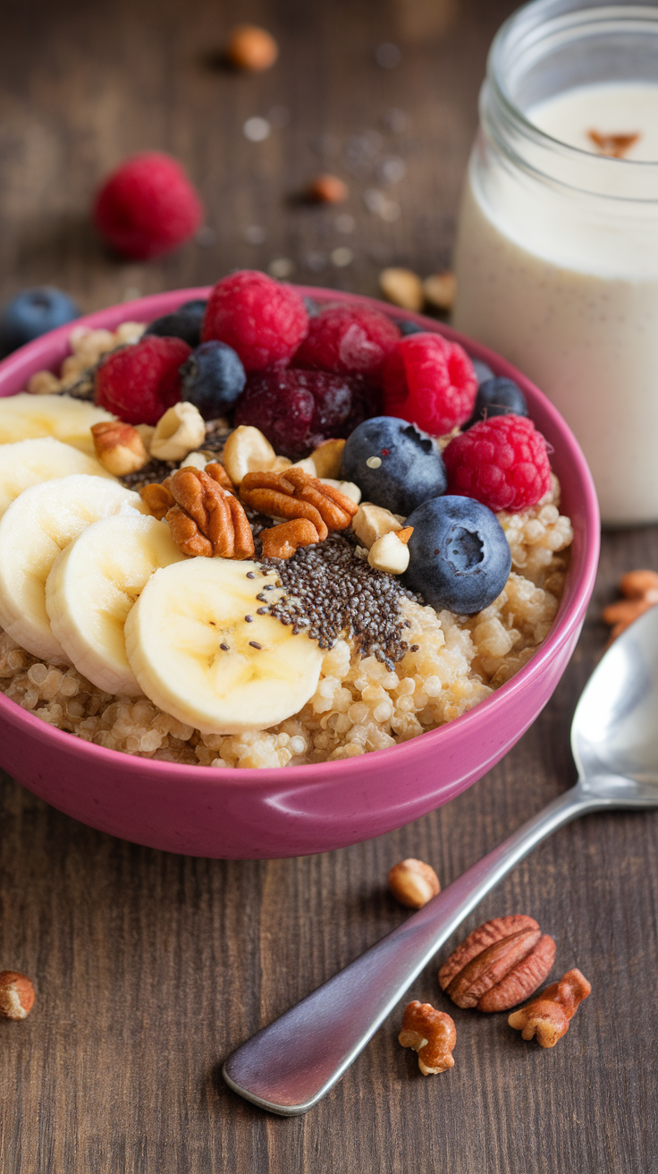 A colorful quinoa breakfast bowl topped with banana, berries, nuts, and almond milk, presented on a rustic table.