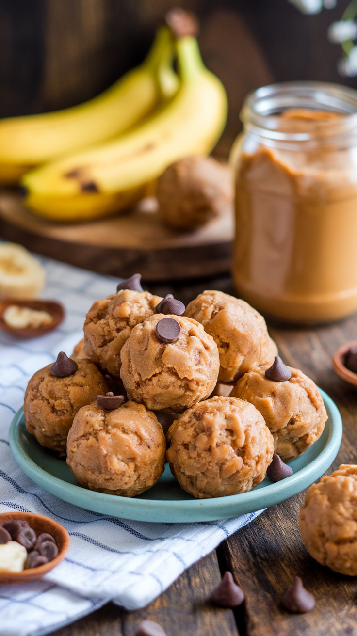 A plate of peanut butter banana energy bites with chocolate chips, fresh bananas, and a jar of peanut butter on a wooden table.