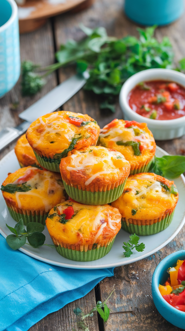 Savory breakfast egg muffins with bell peppers and cheese on a rustic table.