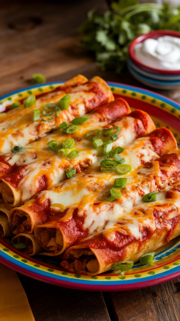 A plate of cheesy chicken enchiladas topped with enchilada sauce and garnished with green onions.