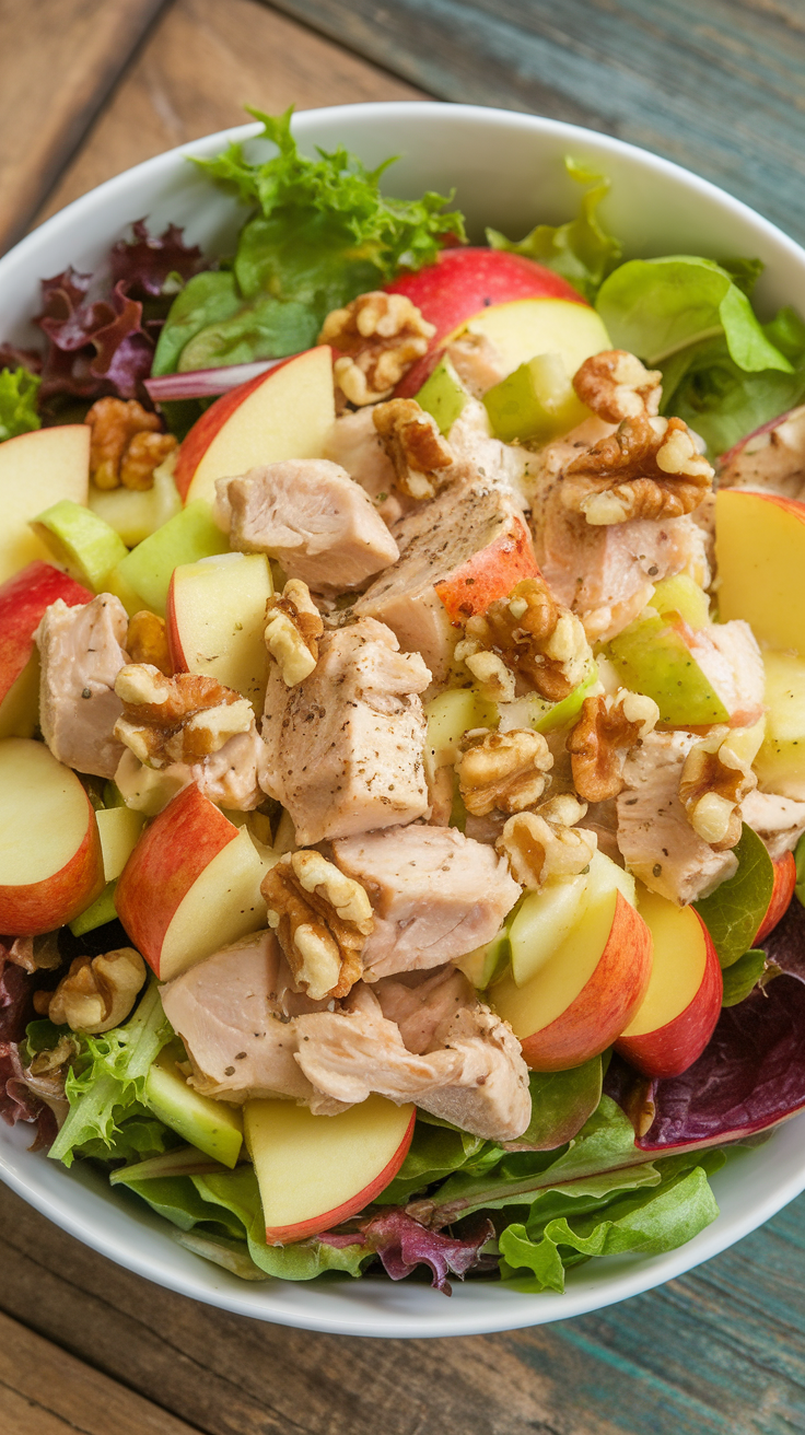 A colorful bowl of chicken salad with apples, walnuts, and greens on a wooden table.