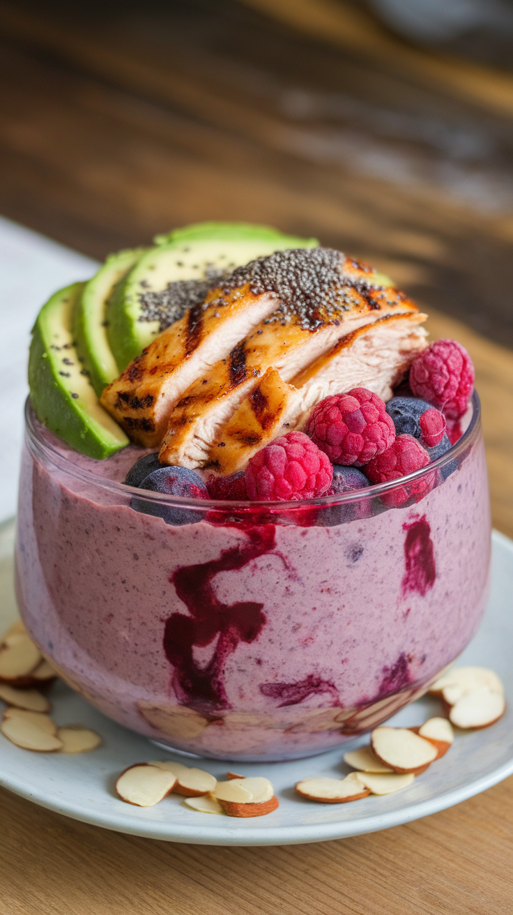 A nutritious acai bowl topped with grilled chicken, avocado slices, berries, and chia seeds.