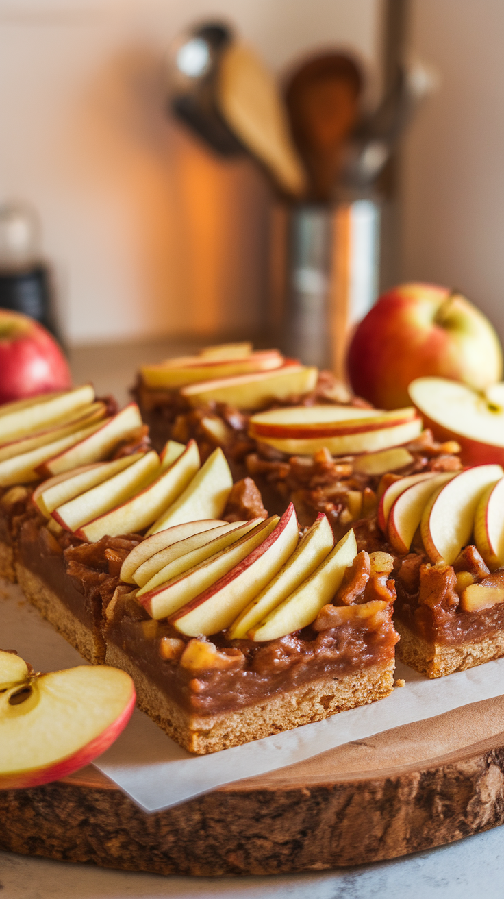 Delicious apple cinnamon breakfast bars topped with apple slices.