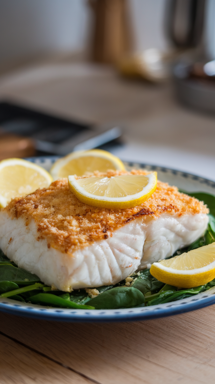 A beautifully baked cod fillet topped with a golden parmesan crust and garnished with lemon slices, resting on a bed of fresh spinach.