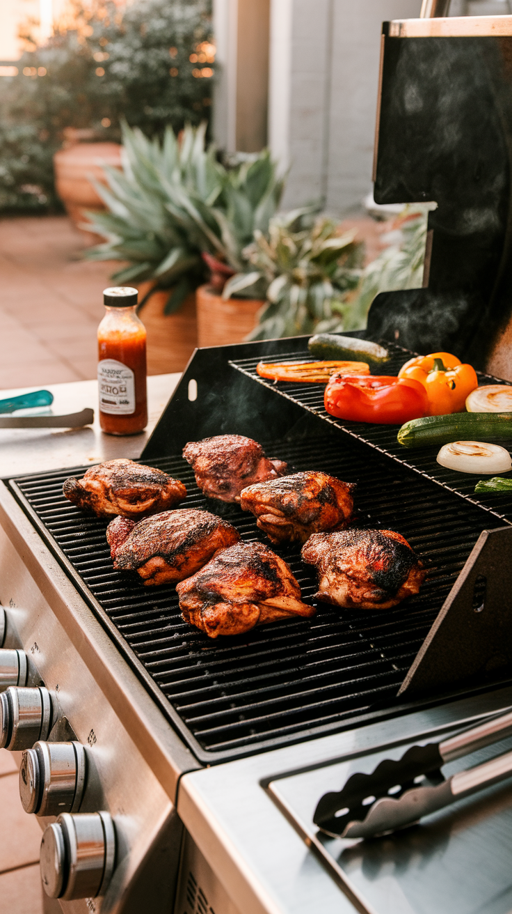 BBQ chicken thighs on a grill with assorted vegetables