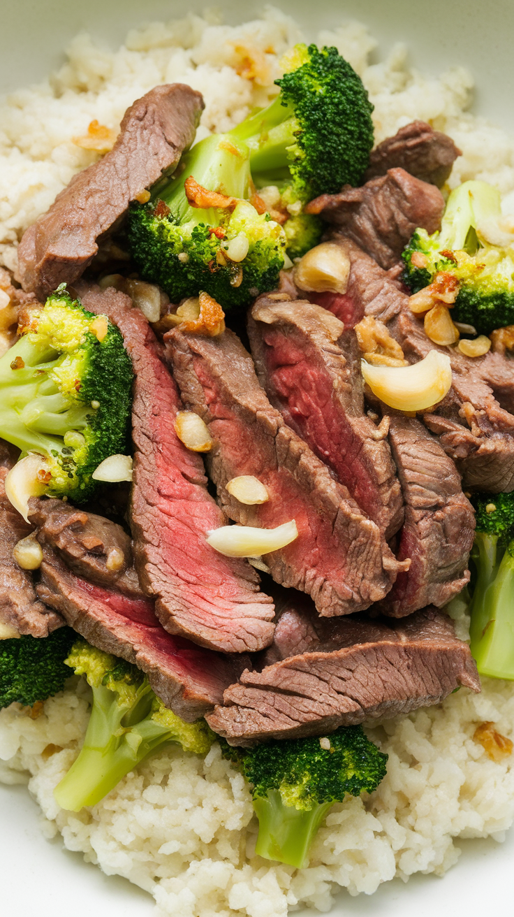 A bowl of beef and broccoli stir-fry served over rice.