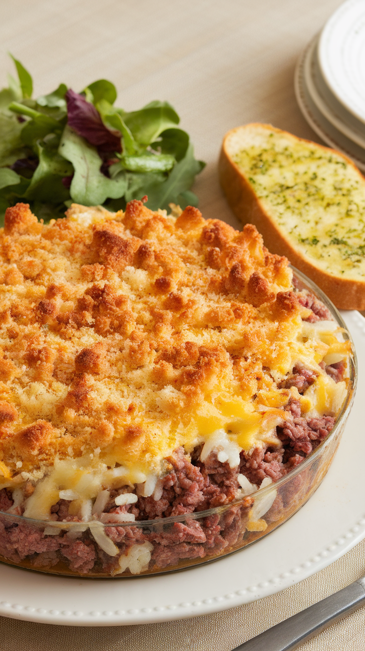 A delicious beef and rice casserole bake topped with a golden crust, accompanied by a green salad and garlic bread.