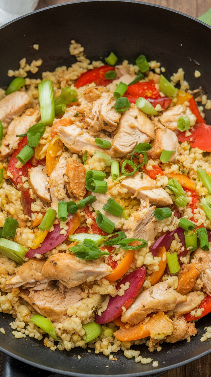 A colorful stir-fry with cauliflower rice, chicken, and various vegetables in a frying pan.