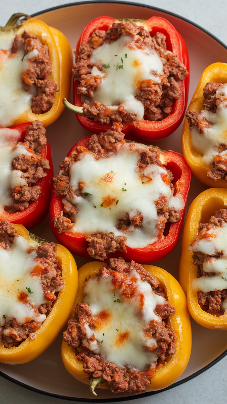 Cheesy beef stuffed bell peppers on a plate.