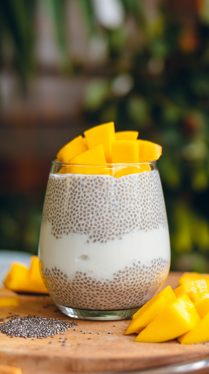 A glass of chia seed pudding layered with coconut milk and topped with fresh mango slices.