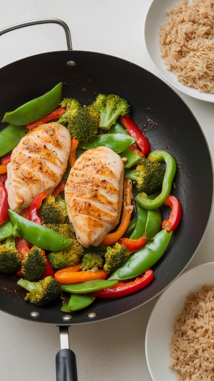 Chicken and veggie stir-fry with broccoli, bell peppers, and sugar snap peas in a pan next to a bowl of brown rice.