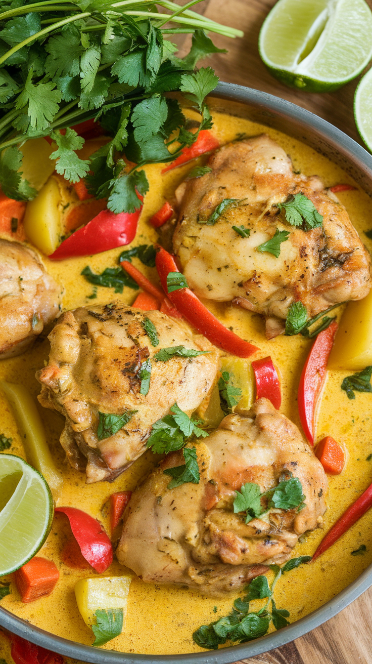 Chicken thighs cooked in a rich coconut curry sauce with colorful vegetables and garnished with fresh cilantro.