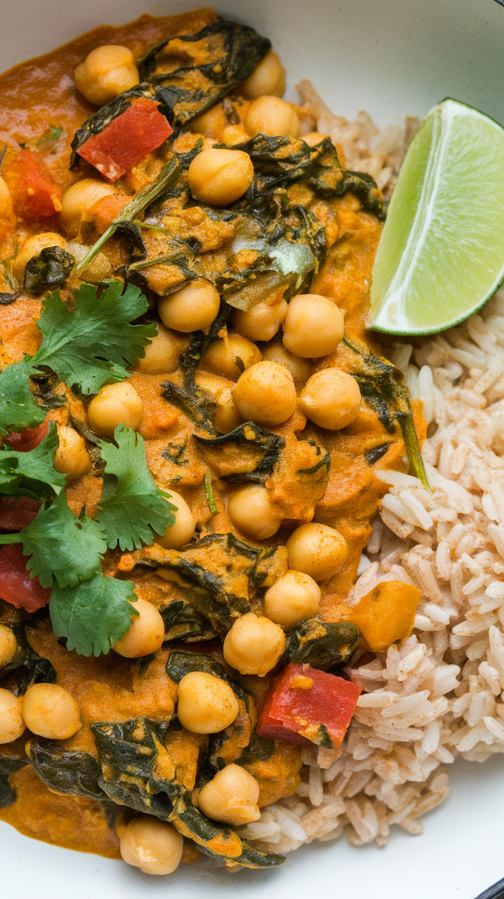 A bowl of chickpea and spinach curry served over rice with lime and cilantro on top.