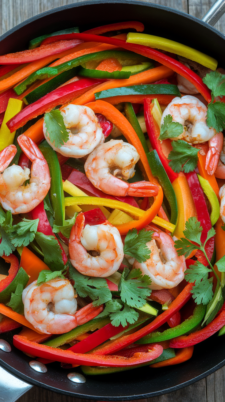 A colorful stir-fry with prawns, bell peppers, and coriander in a skillet.