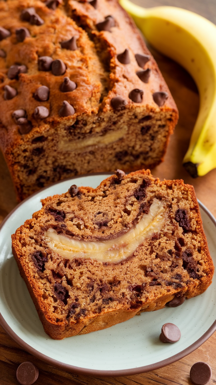 A loaf of chocolate chip banana bread with a slice cut out, showing the banana and chocolate chip interior, next to a ripe banana.