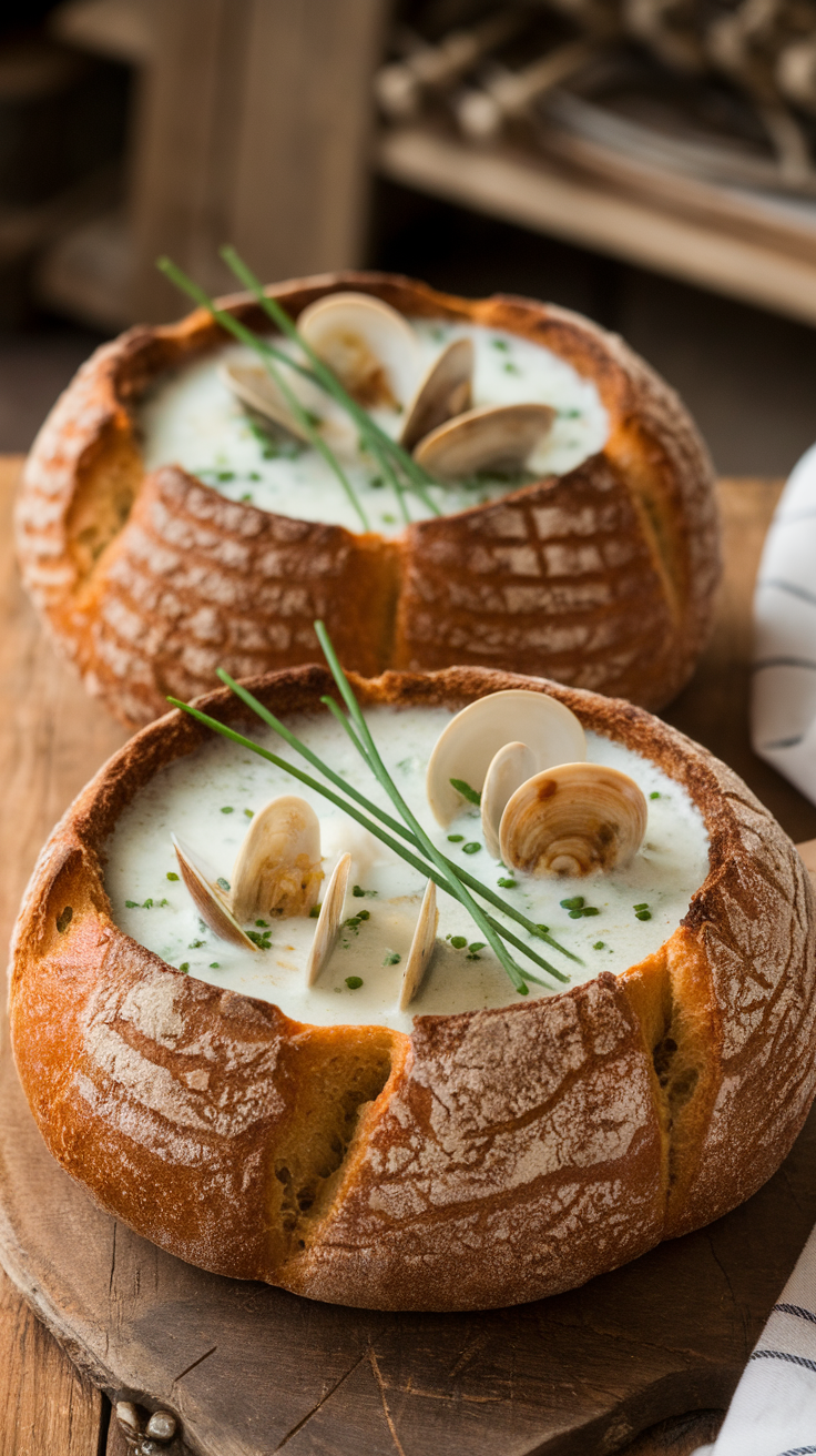 Two bread bowls filled with clam chowder, garnished with chives and clam shells.