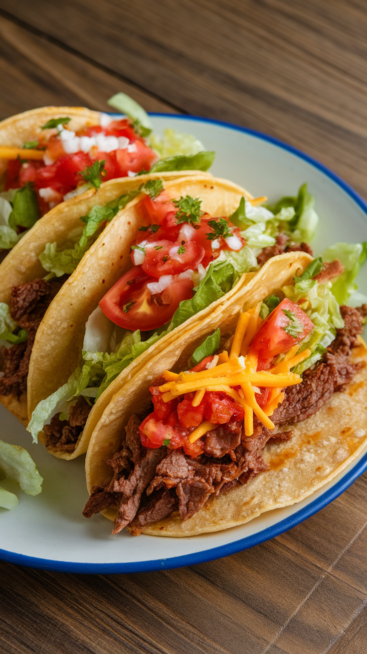 Three classic beef tacos with lettuce, tomatoes, cheese, and salsa on a plate.