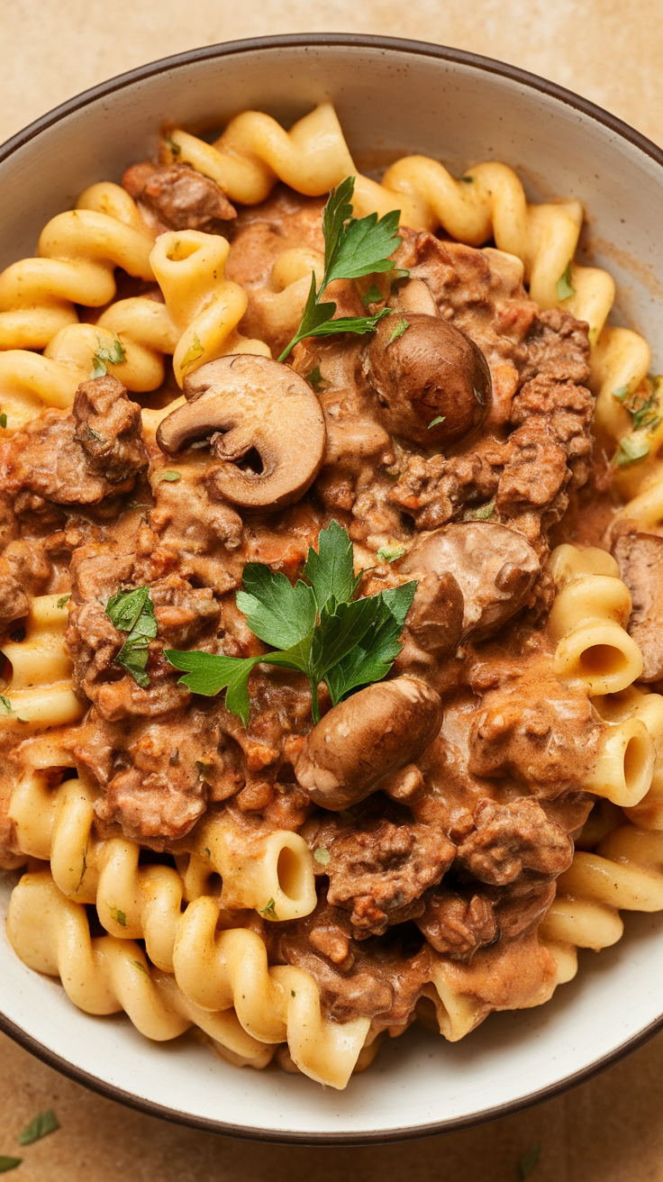 A bowl of creamy beef and mushroom pasta with garnishes.