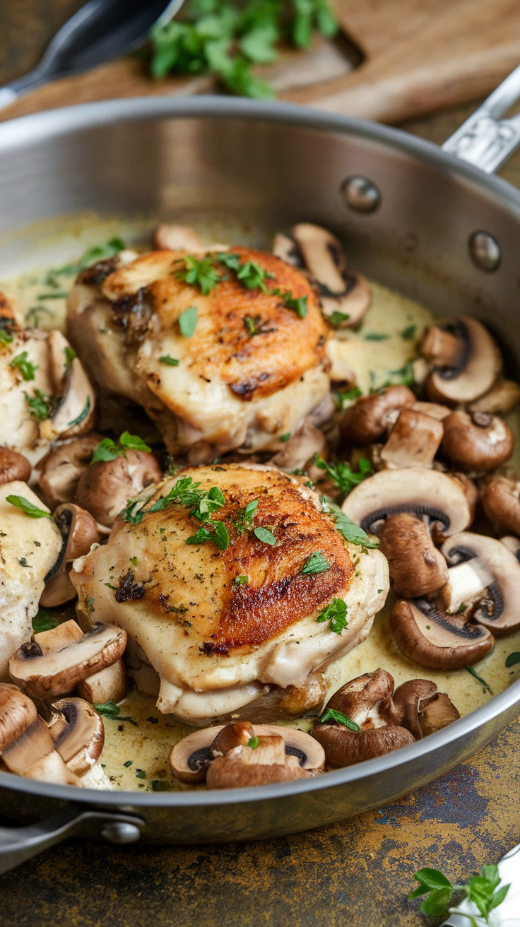 Pan-seared chicken thighs cooked with mushrooms and creamy sauce.