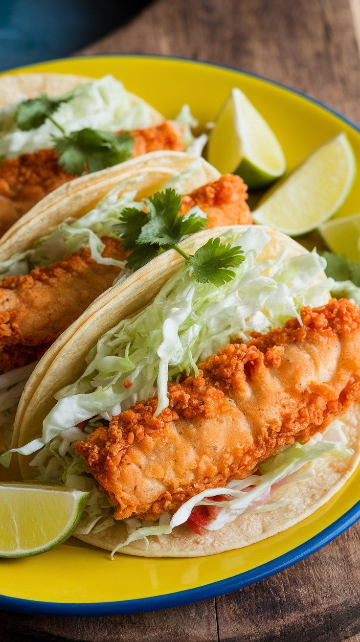 A plate of crispy fish tacos topped with cabbage slaw and lime wedges.