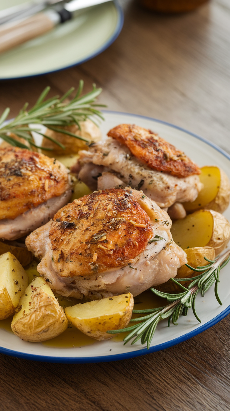 Crispy skin chicken thighs served with golden roasted potatoes and fresh rosemary.