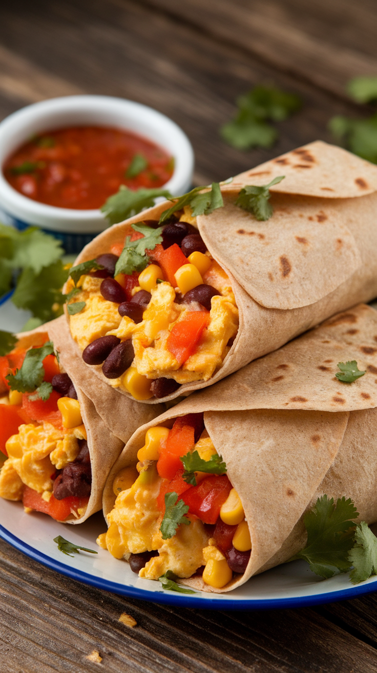 Breakfast burritos filled with eggs, peppers, corn, and beans, served with salsa on a wooden plate.