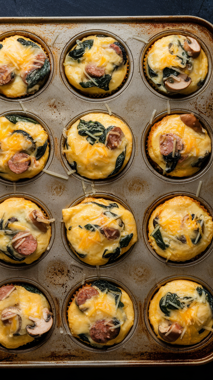 A tray of baked egg and veggie muffins with cheese, spinach, and sausage.