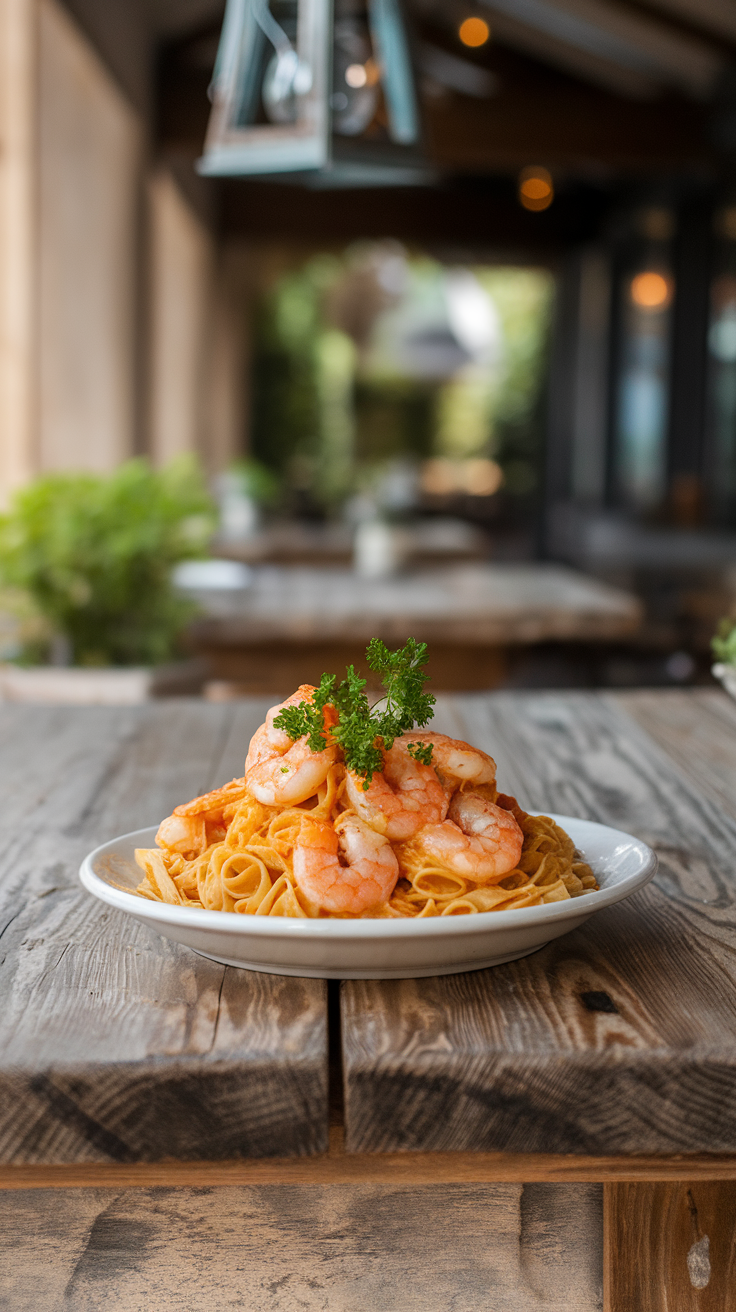 Plate of garlic butter shrimp pasta garnished with parsley on a wooden table