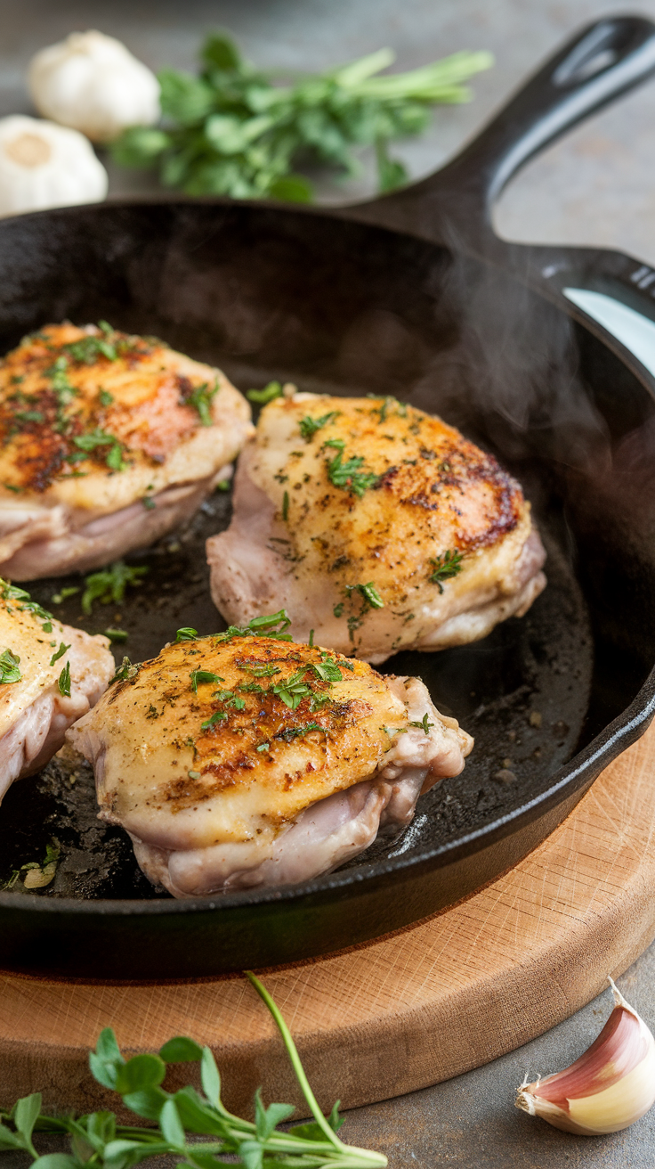 Cooked chicken thighs in a cast iron skillet with herbs