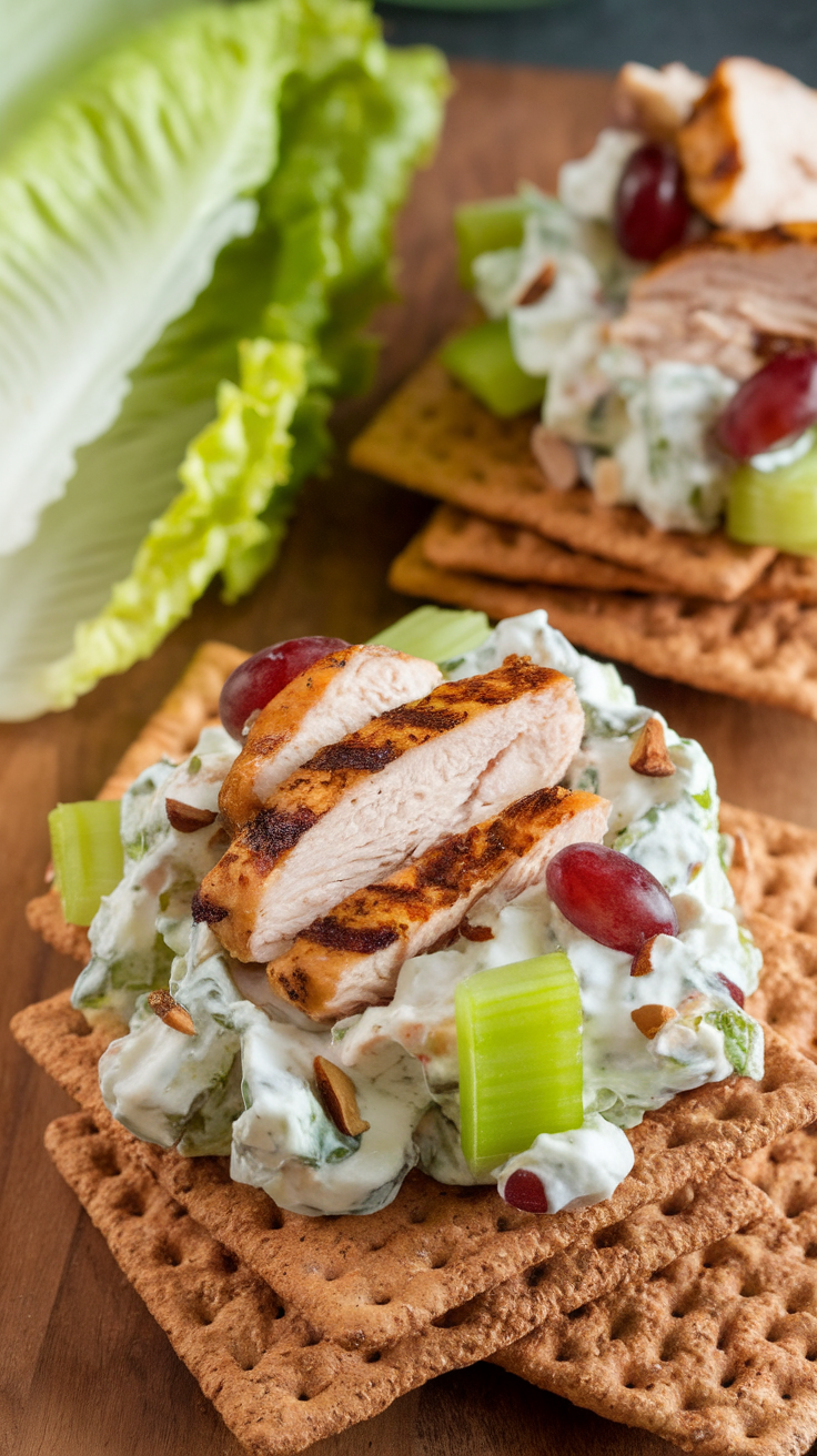 A plate of Greek yogurt chicken salad on crackers, garnished with celery and grapes.