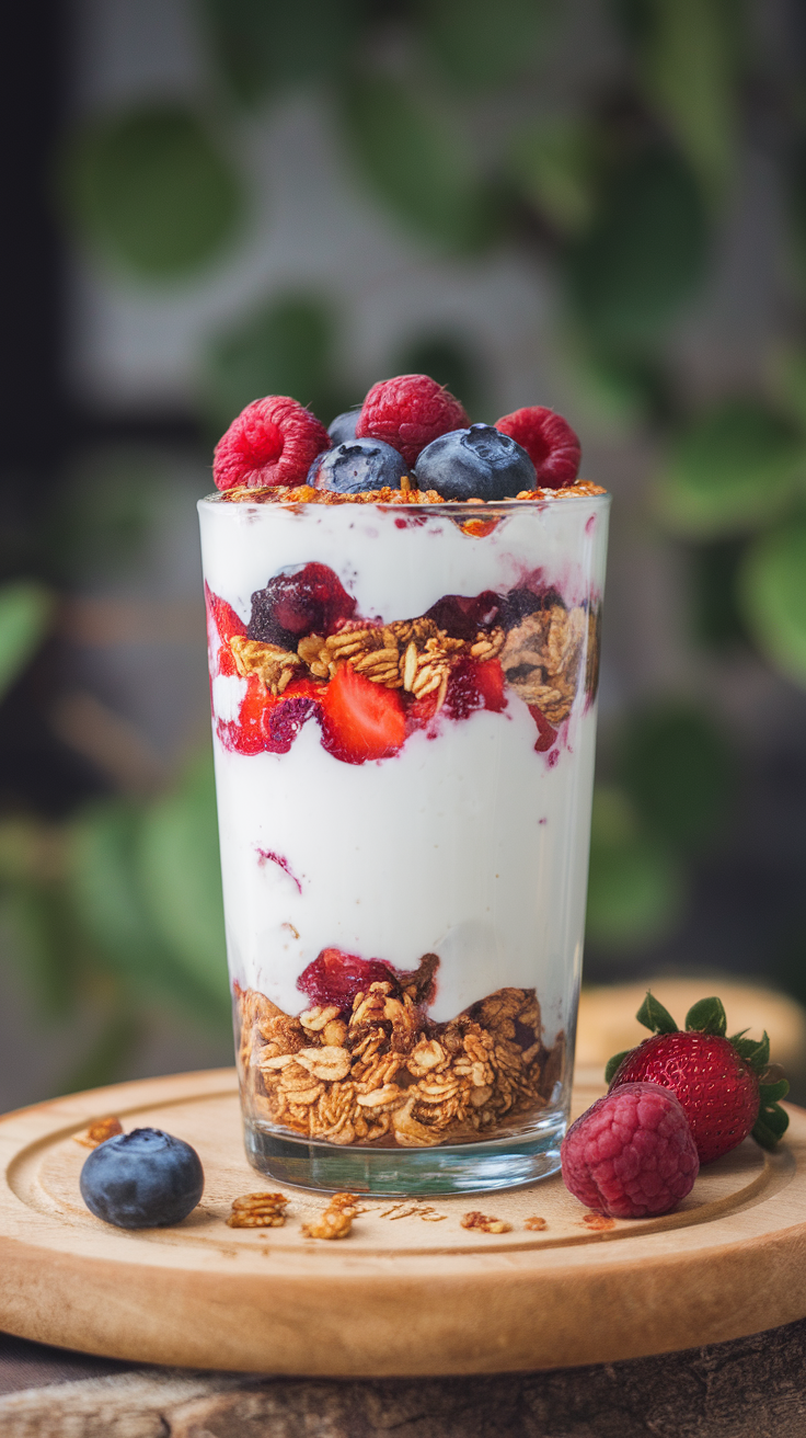 A glass of Greek yogurt parfait layered with granola, strawberries, blueberries, and raspberries.