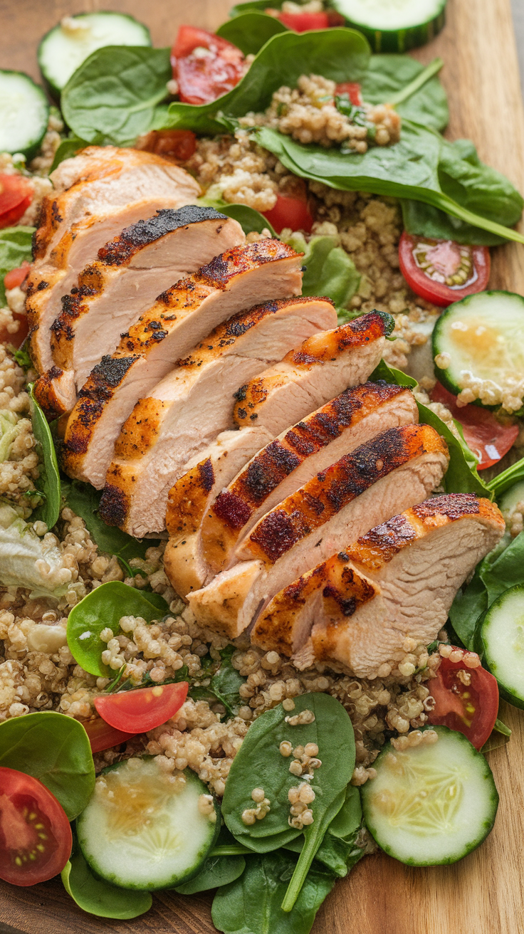 A delicious grilled chicken and quinoa salad with fresh vegetables.