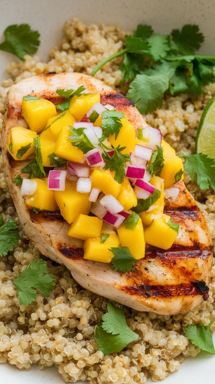 Grilled chicken breast topped with mango salsa served on a bed of quinoa and garnished with cilantro.