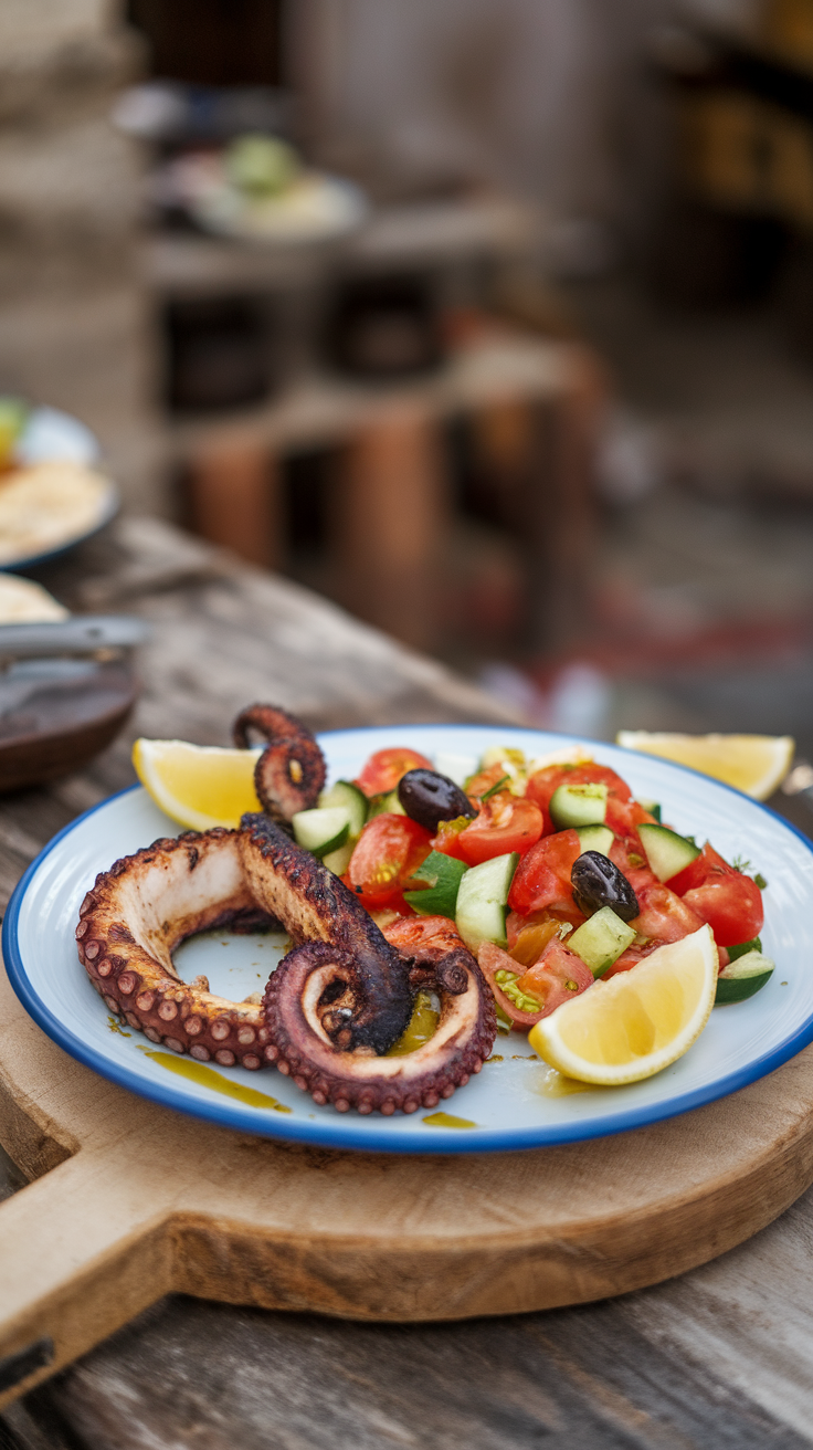 A plate of grilled octopus served with a Mediterranean salad, including tomatoes, cucumber, and lemon.