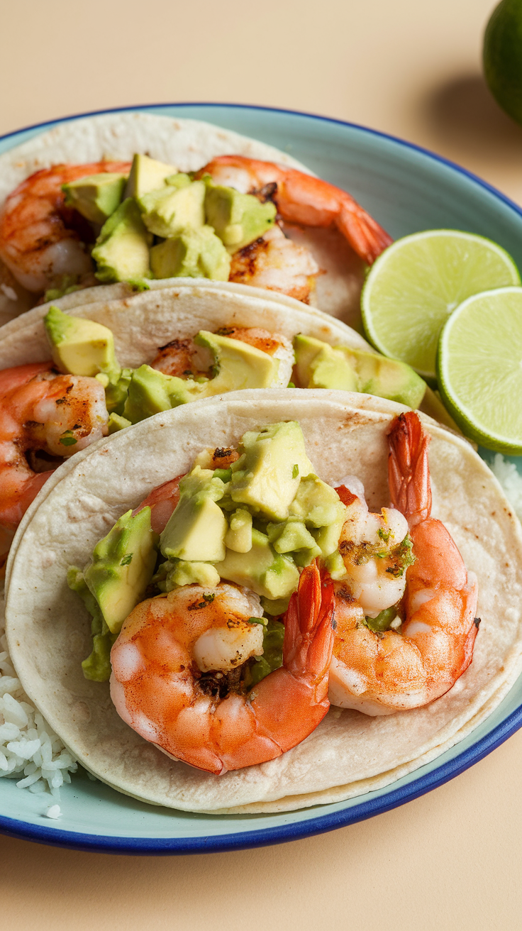 Grilled shrimp tacos with avocado salsa served on a plate with lime slices