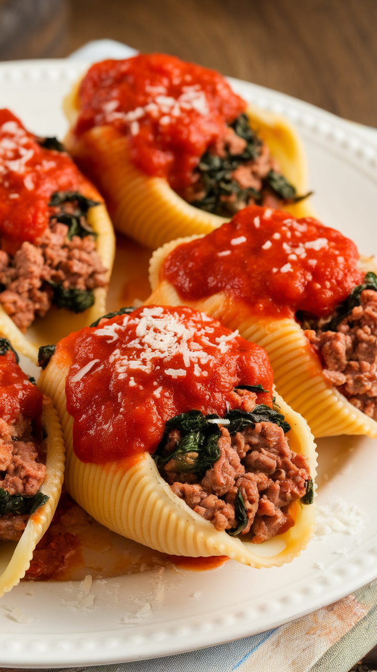 Plate of ground beef and spinach stuffed shells topped with tomato sauce