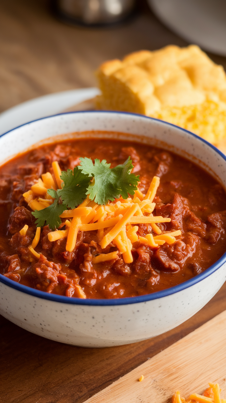 A bowl of beef chili with cheese and cilantro on top, next to a piece of cornbread.