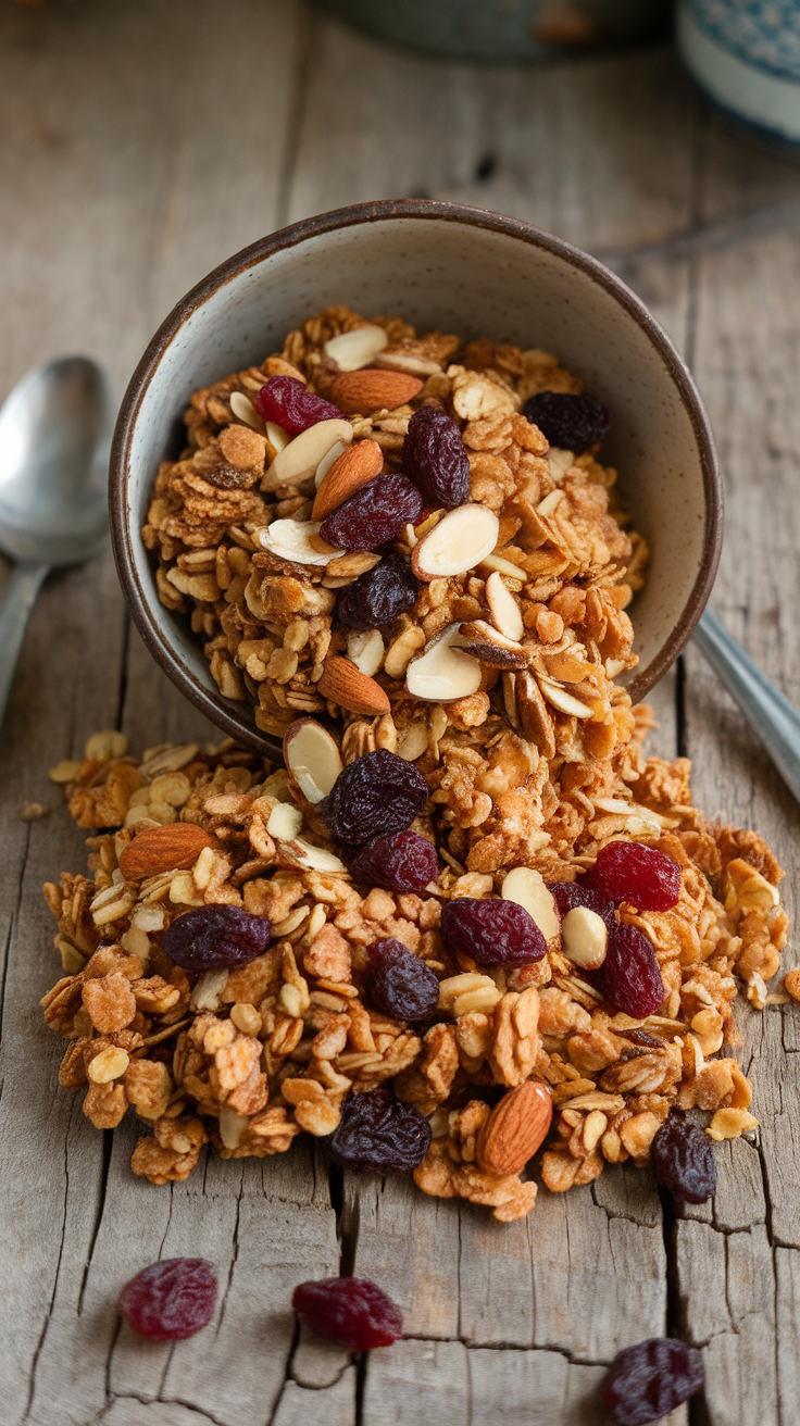 A bowl of homemade granola with nuts and dried fruit spilling out