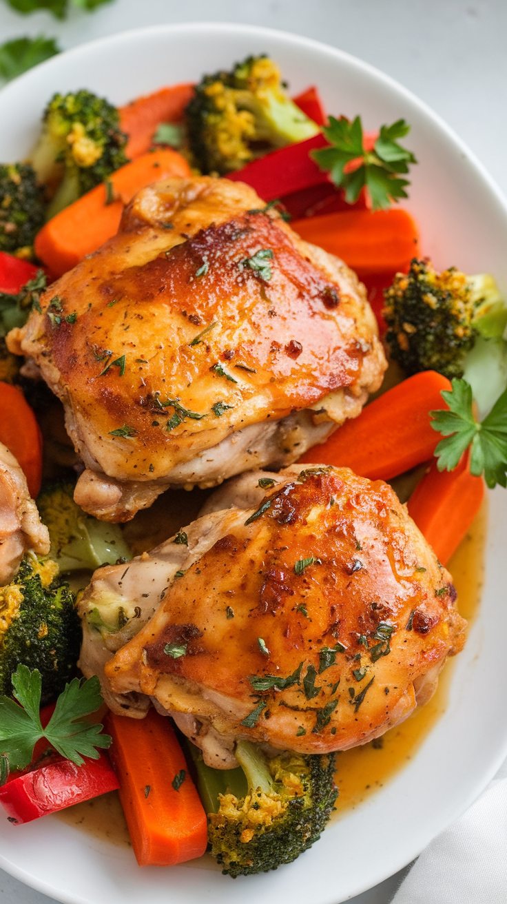 Honey mustard chicken thighs served with broccoli and carrots on a plate.