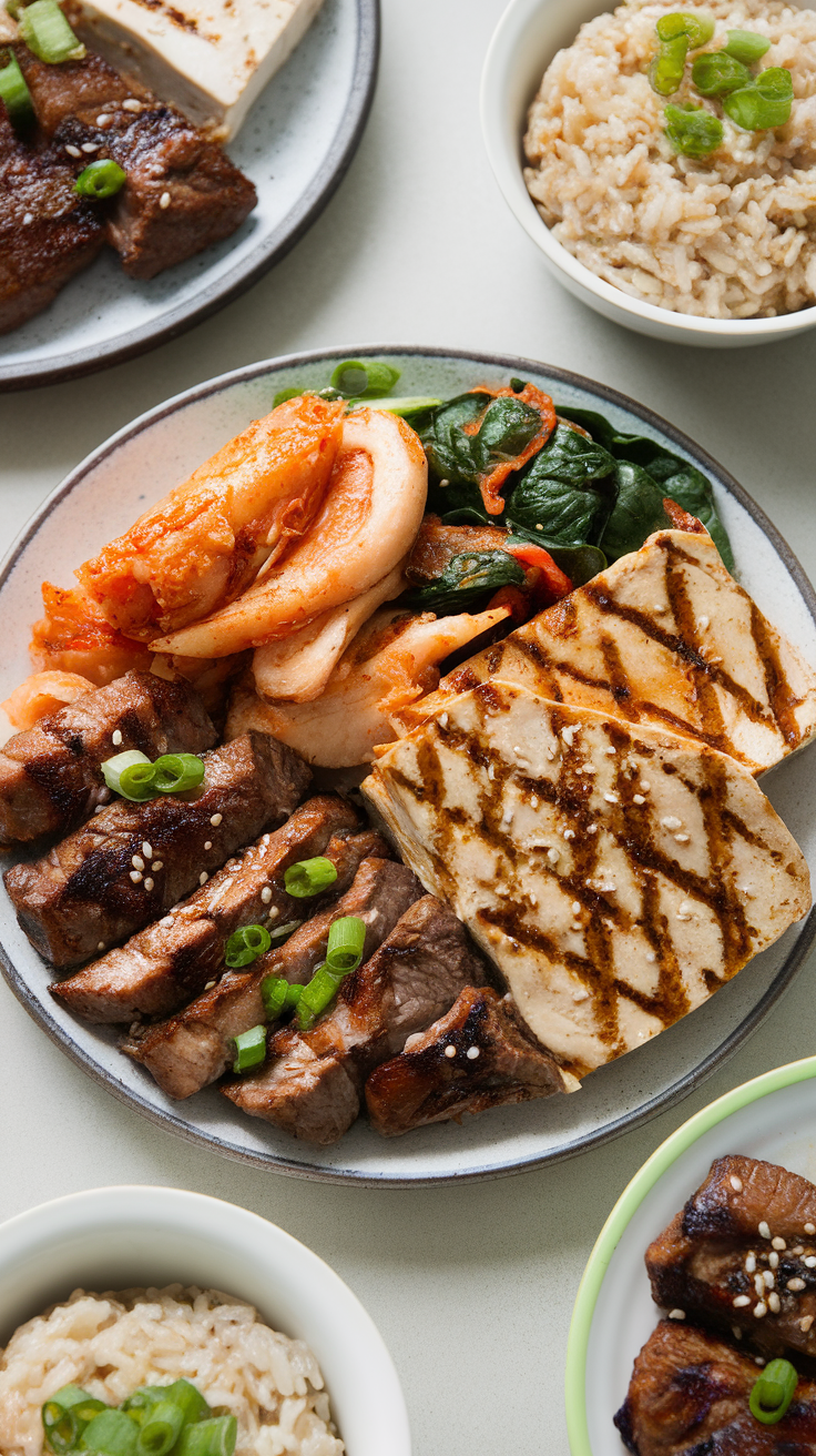 A delicious Korean BBQ bowl featuring grilled meat, kimchi, spinach, tofu, and rice.