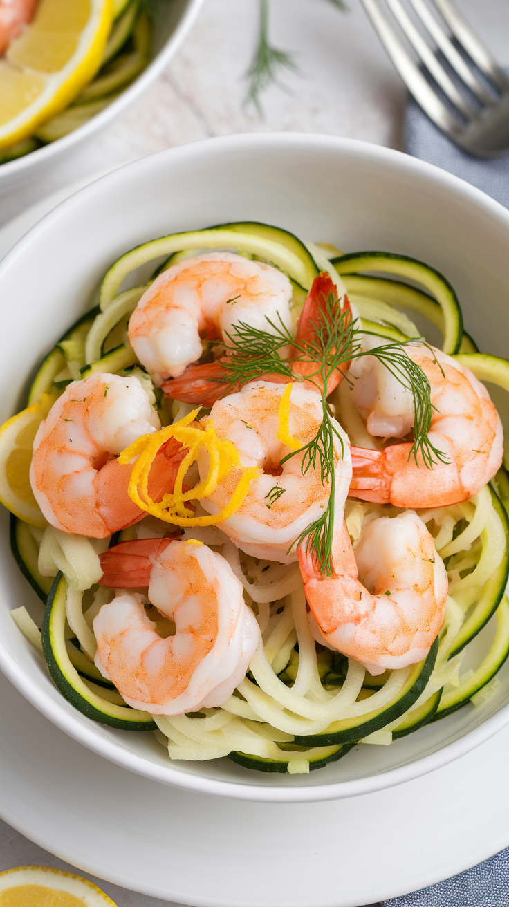 A bowl of lemon dill scampi with zoodles, featuring cooked shrimp on spiralized zucchini, garnished with lemon slices and dill.