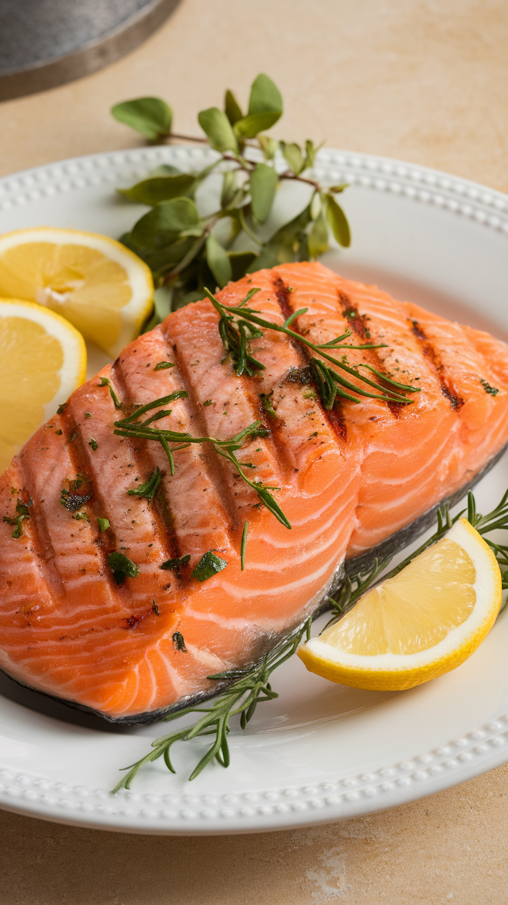 Grilled salmon fillets with lemon slices and herbs