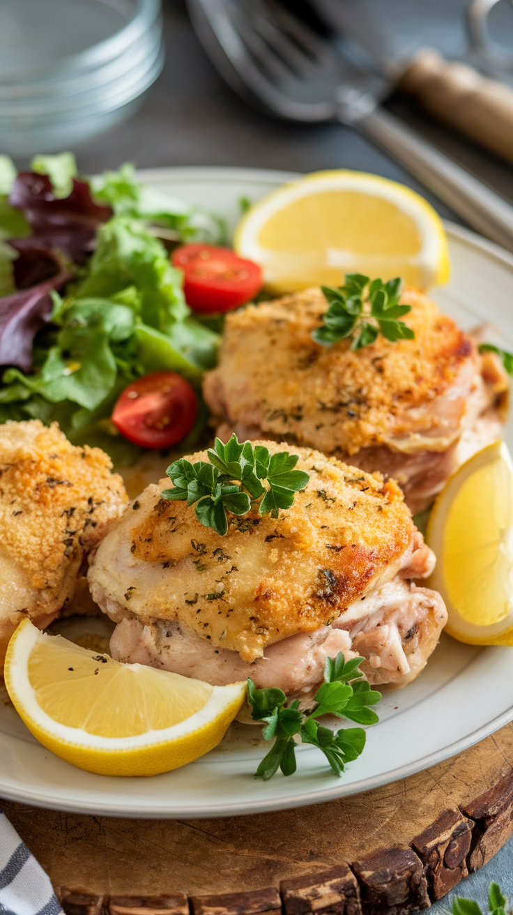 Lemon Parmesan chicken thighs served with salad and lemon wedges