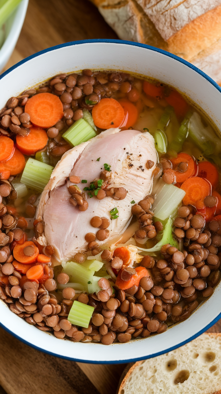 A bowl of lentil and chicken soup with carrots and celery.