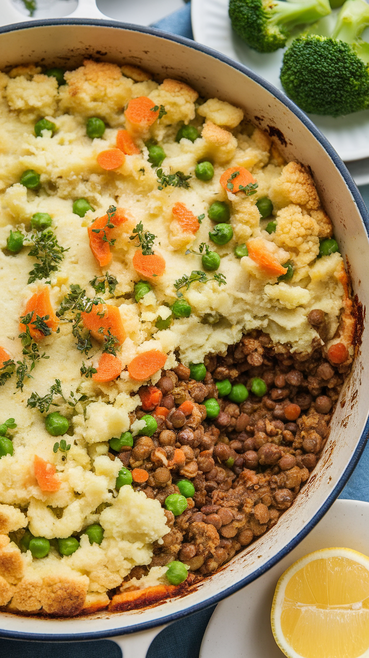 A close-up view of Lentil Shepherd's Pie with mashed potatoes and vegetables.