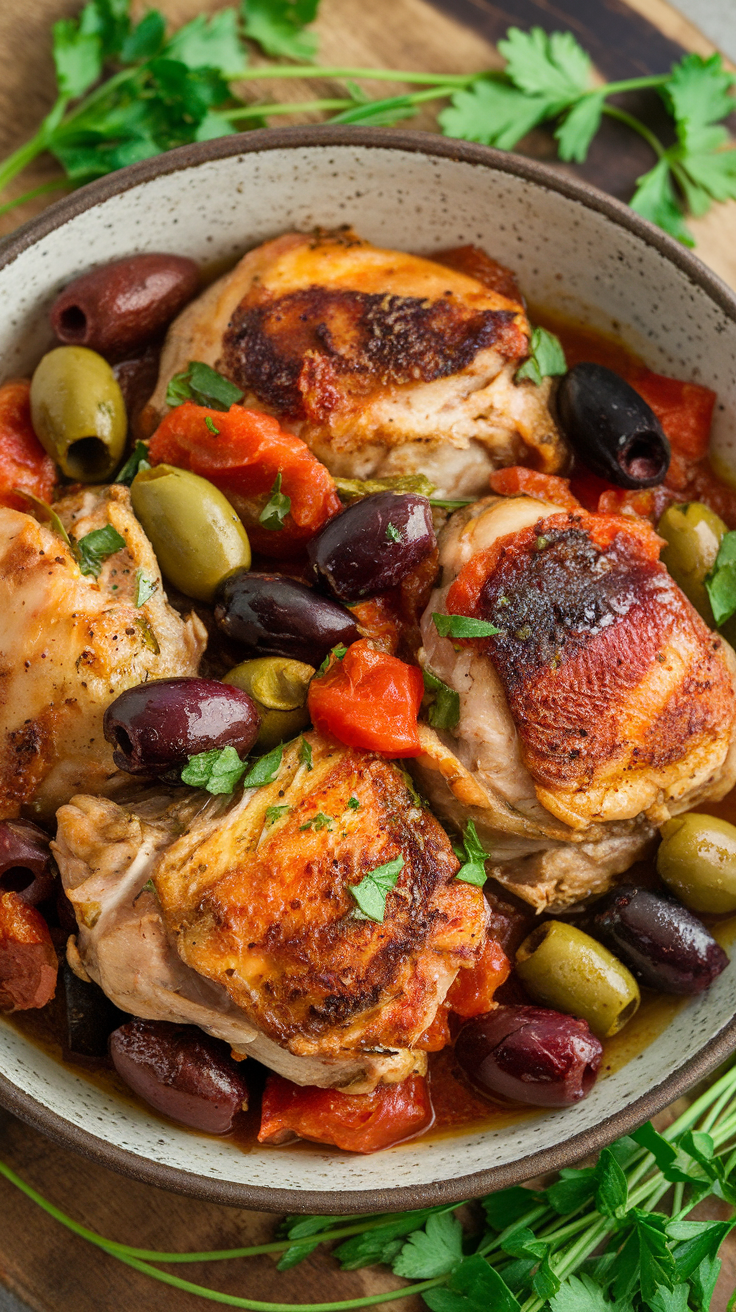 A bowl of Mediterranean chicken thighs with olives and tomatoes.