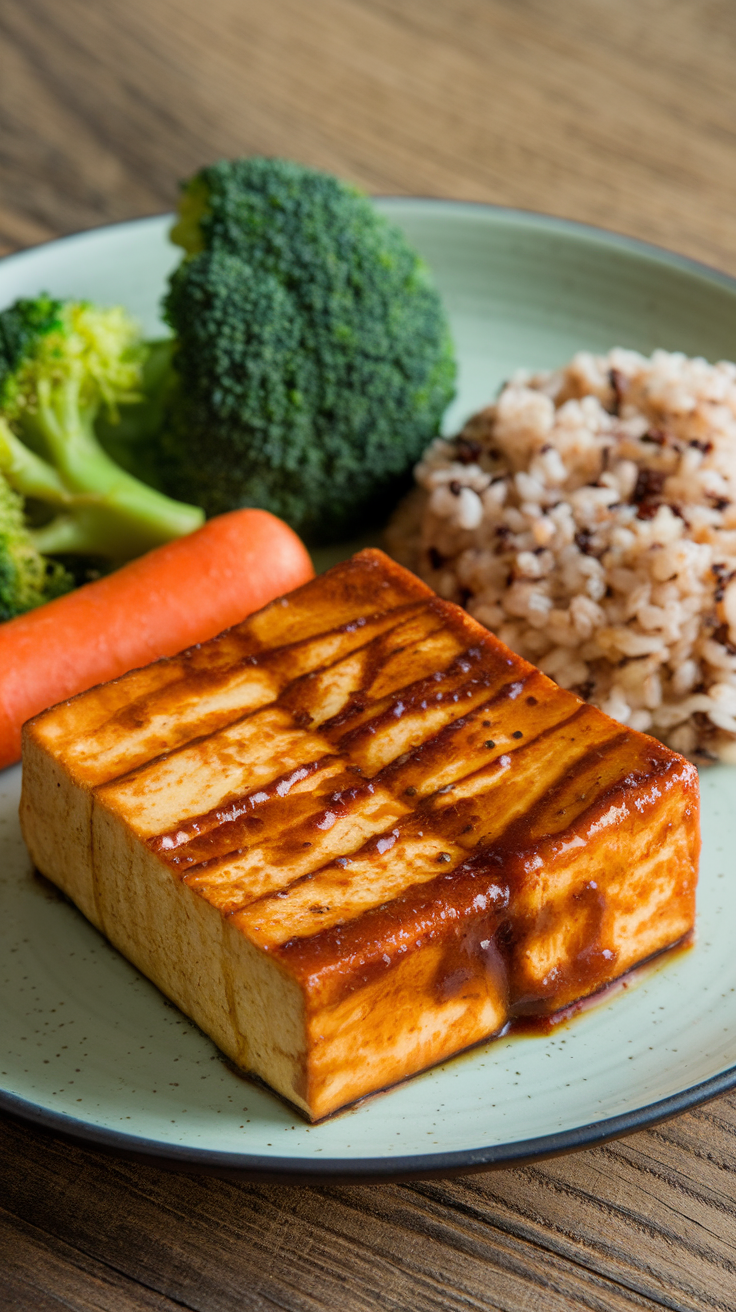 A plate with miso-glazed tofu, steamed broccoli, a carrot, and rice.