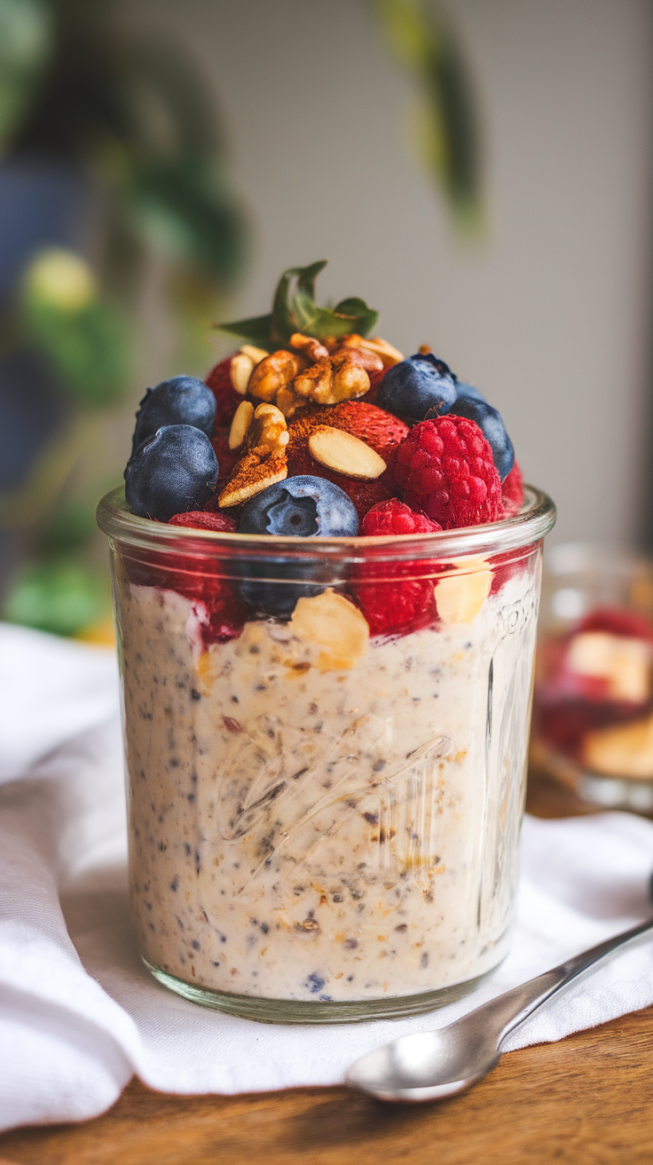 A jar of overnight oats topped with strawberries, blueberries, raspberries, and almonds.