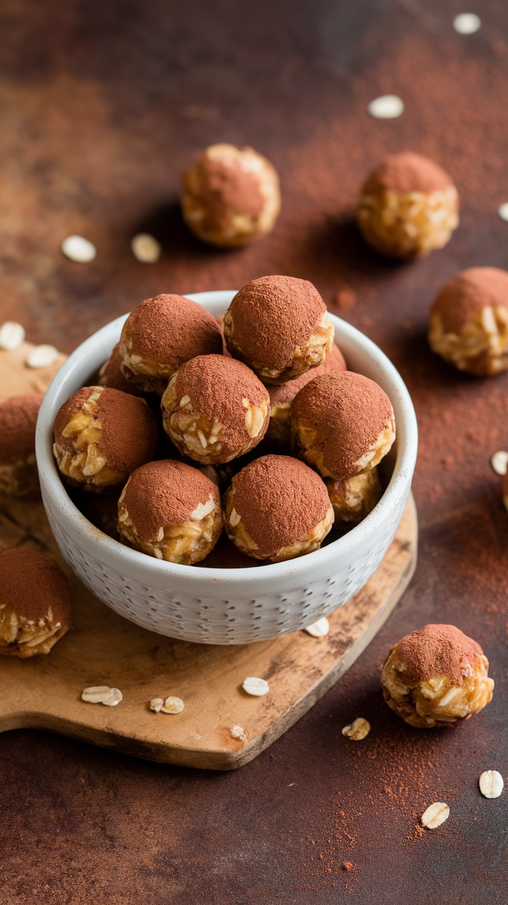 A bowl of peanut butter banana energy bites dusted with cocoa powder, surrounded by oats.