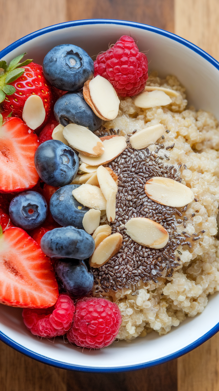 A bowl of quinoa topped with strawberries, blueberries, raspberries, chia seeds, and almond slices.